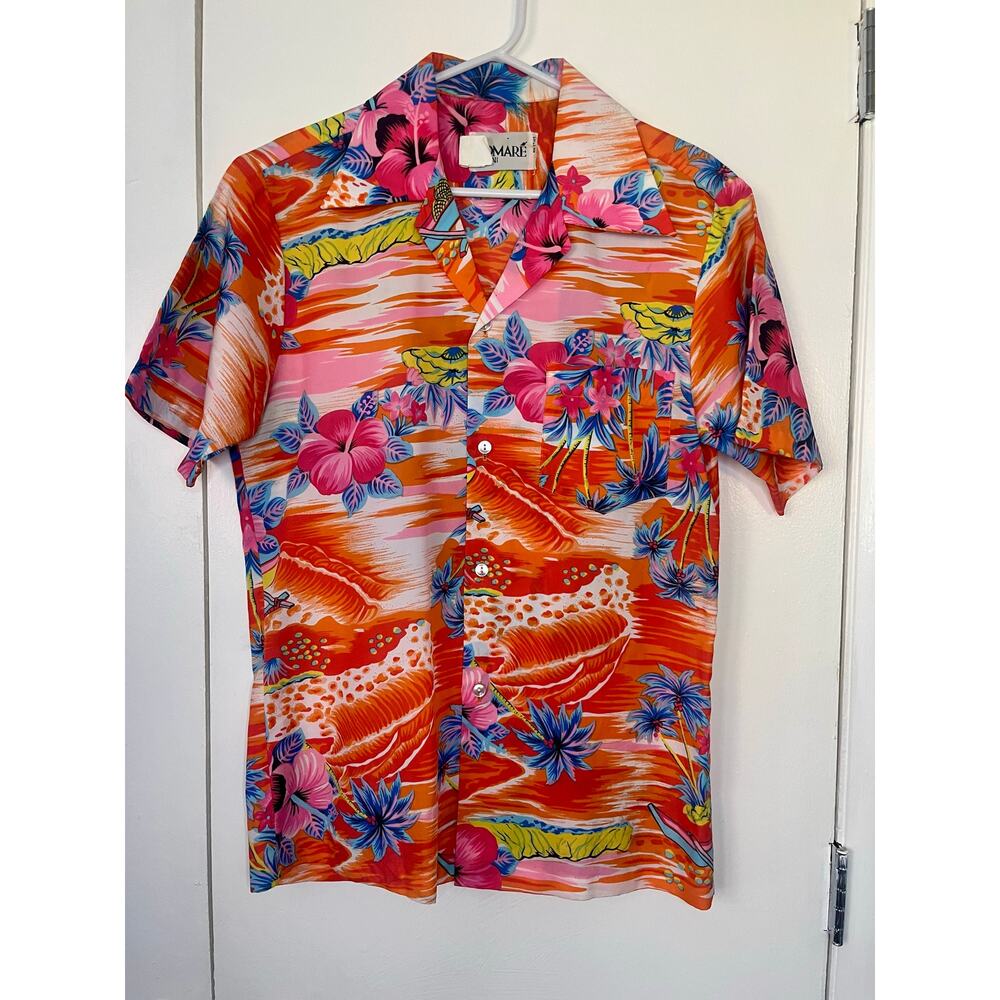 Vintage Pomare Hawaii Colorful Orange Tiki Floral Short Sleeve Blouse Small Med